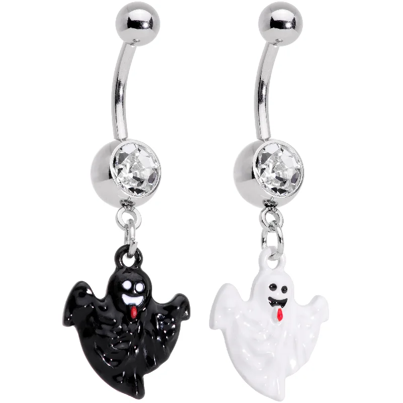 Trendy Belly Rings with Stylish Accents -Clear Gem Black White Ghost Halloween Dangle Belly Ring Set of 2 Trendy Belly Rings with Stylish Accents -Clear Gem Black White Ghost Halloween Dangle Belly Ring Set of 2
