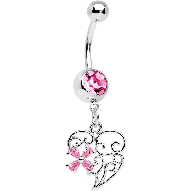 Unique Belly Rings for Statement Style -Pink Gem Filigree Heart Flower Dangle Belly Ring Unique Belly Rings for Statement Style -Pink Gem Filigree Heart Flower Dangle Belly Ring