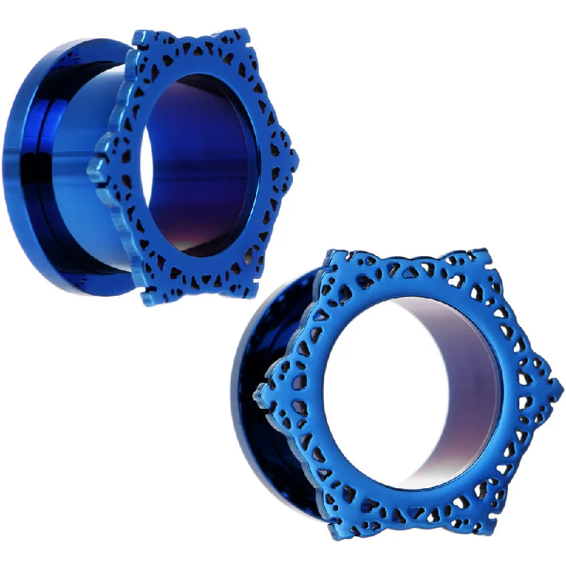 Women's Earrings – Elegant Designs for Every Personality--5/8 Blue PVD Filigree Frame Screw Fit Tunnel Plug Set Women's Earrings – Elegant Designs for Every Personality--5/8 Blue PVD Filigree Frame Screw Fit Tunnel Plug Set
