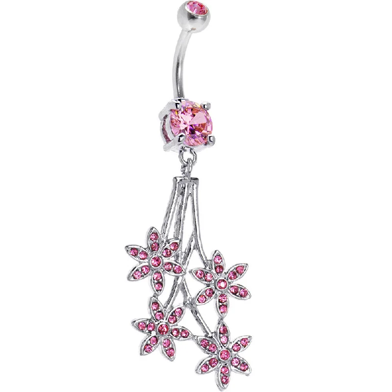 Stylish Belly Rings with Vibrant Colors -Pink Gem Paved Flowers Drop Belly Ring