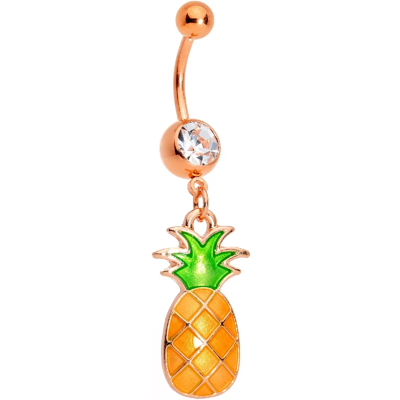 Unique Belly Rings with Sparkling Features -Clear Gem Rose Gold Tone Pineapple Dangle Belly Ring Unique Belly Rings with Sparkling Features -Clear Gem Rose Gold Tone Pineapple Dangle Belly Ring