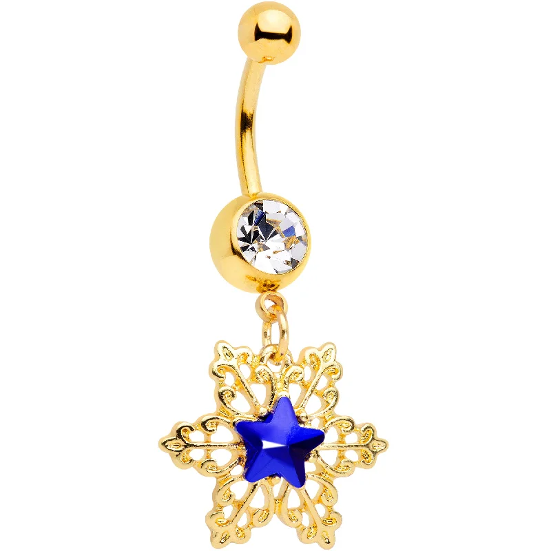 Designer Belly Rings for Exclusive Looks -Clear Blue Gem Gold Tone Lacy Star Dangle Belly Ring