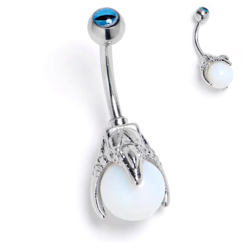 Beautiful Belly Rings for Glamorous Appeal -Blue Gem Claw Hand White Orb Belly Ring