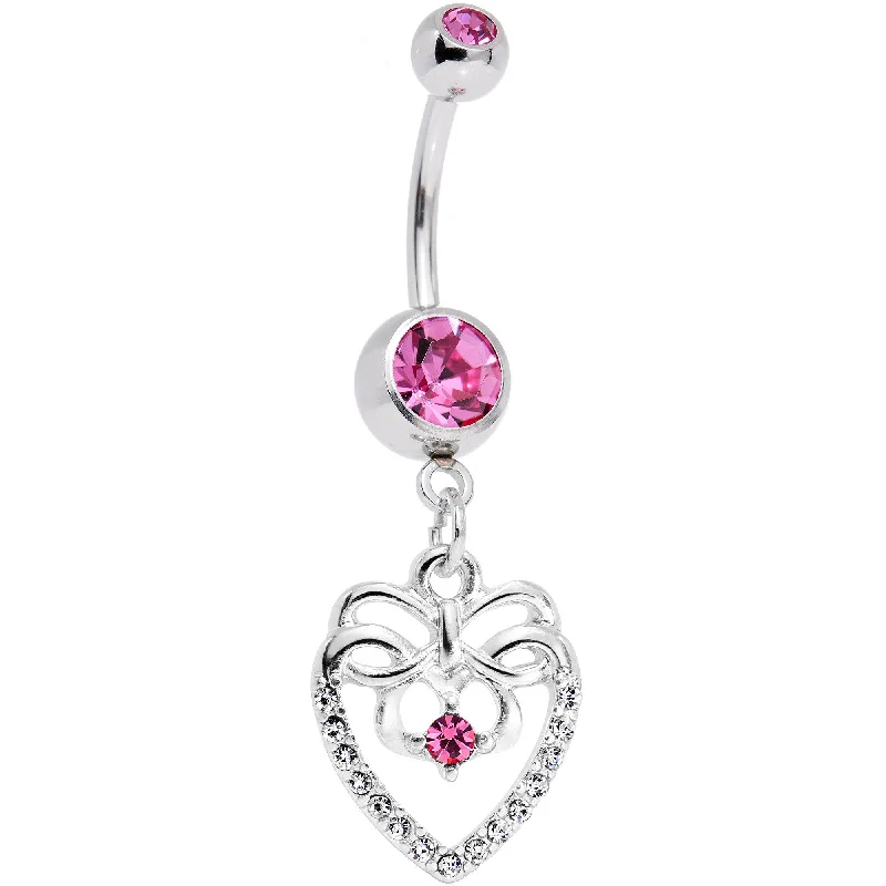 Belly Rings with Designer Touch -Pink CZ Gem Bow Heart Dangle Belly Ring