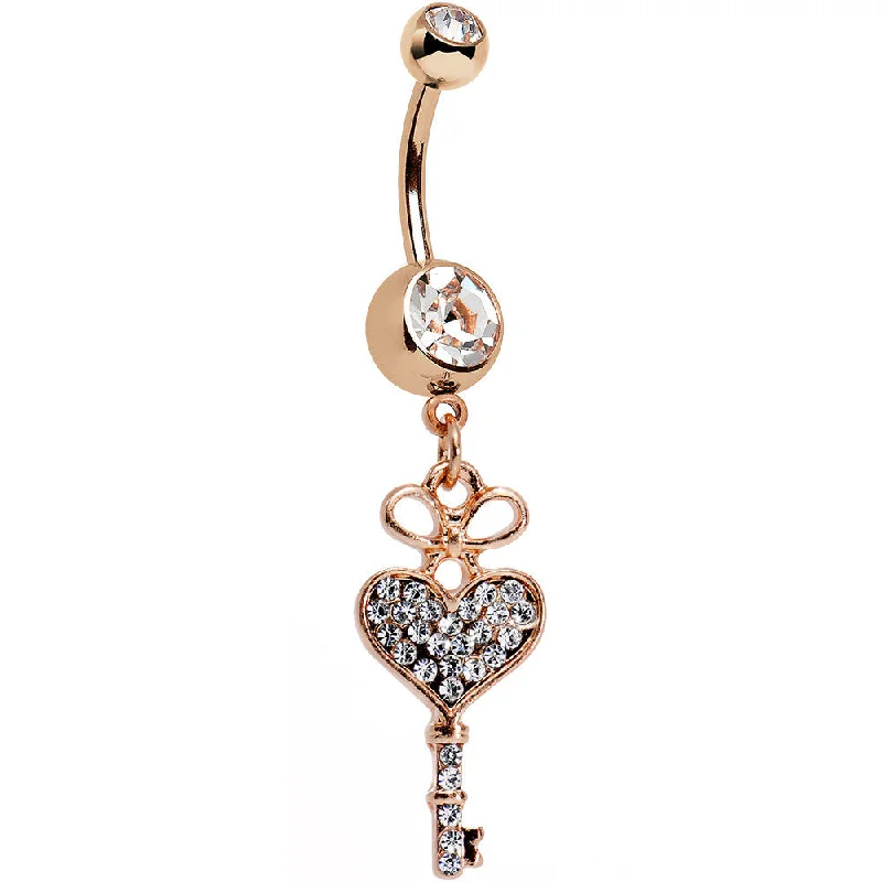 Trendy Belly Rings with Vibrant Details -Clear Gem Rose Gold Anodized Have Heart Hold Key Dangle Belly Ring Trendy Belly Rings with Vibrant Details -Clear Gem Rose Gold Anodized Have Heart Hold Key Dangle Belly Ring