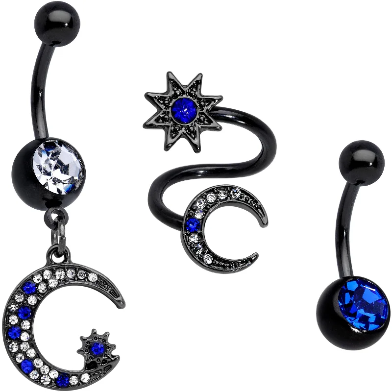 Comfortable Belly Rings for Simple Looks -Clear Blue Gem Black Star Moon Twister Dangle Belly Ring Set of 3 Comfortable Belly Rings for Simple Looks -Clear Blue Gem Black Star Moon Twister Dangle Belly Ring Set of 3