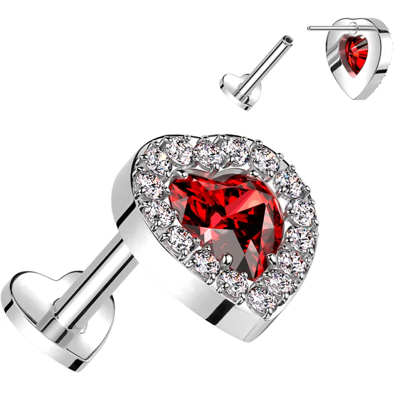 Women's Earrings – Elegant Designs for Every Personality--18 Gauge 5/16 Red CZ Gem Heart Duo Medical Grade Titanium Reversible Flat Back Earring