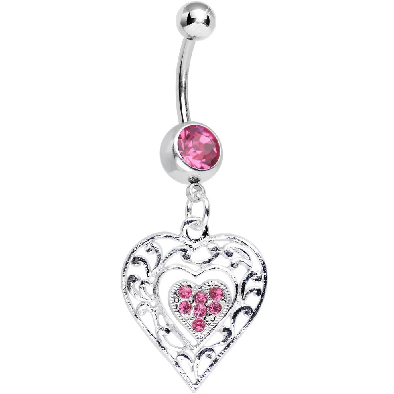 Elegant Belly Rings with Glittering Gems -Pink Gem Layered Love Dual Heart Dangle Belly Ring Elegant Belly Rings with Glittering Gems -Pink Gem Layered Love Dual Heart Dangle Belly Ring