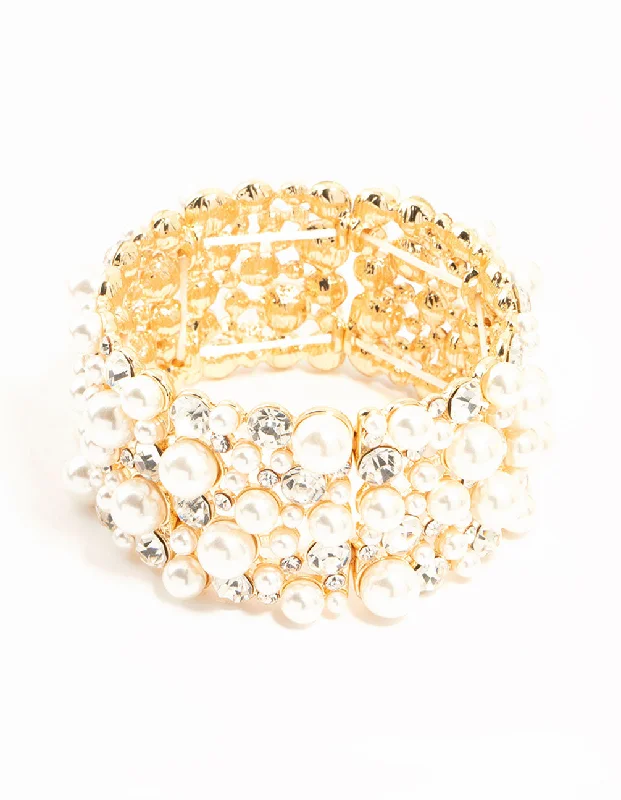 Women's Colored Bangles for Festive Occasions-Gold Pearl & Diamante Stretch Bracelet Women's Colored Bangles for Festive Occasions-Gold Pearl & Diamante Stretch Bracelet