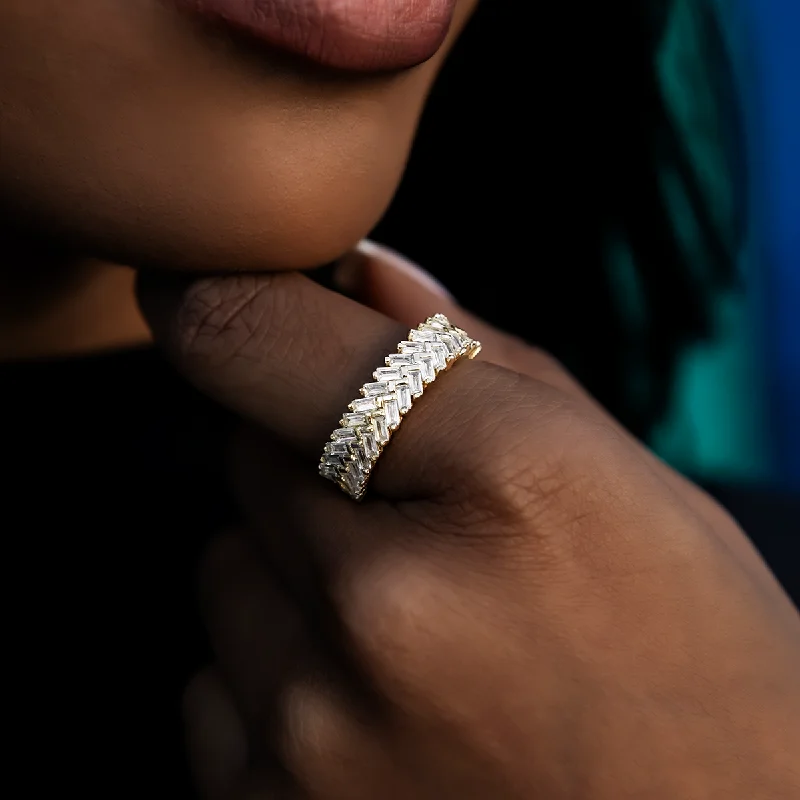 Chic Women's Rings for Fashion-Forward Looks-Diamond Baguette Herringbone Ring in Yellow Gold Vermeil Chic Women's Rings for Fashion-Forward Looks-Diamond Baguette Herringbone Ring in Yellow Gold Vermeil
