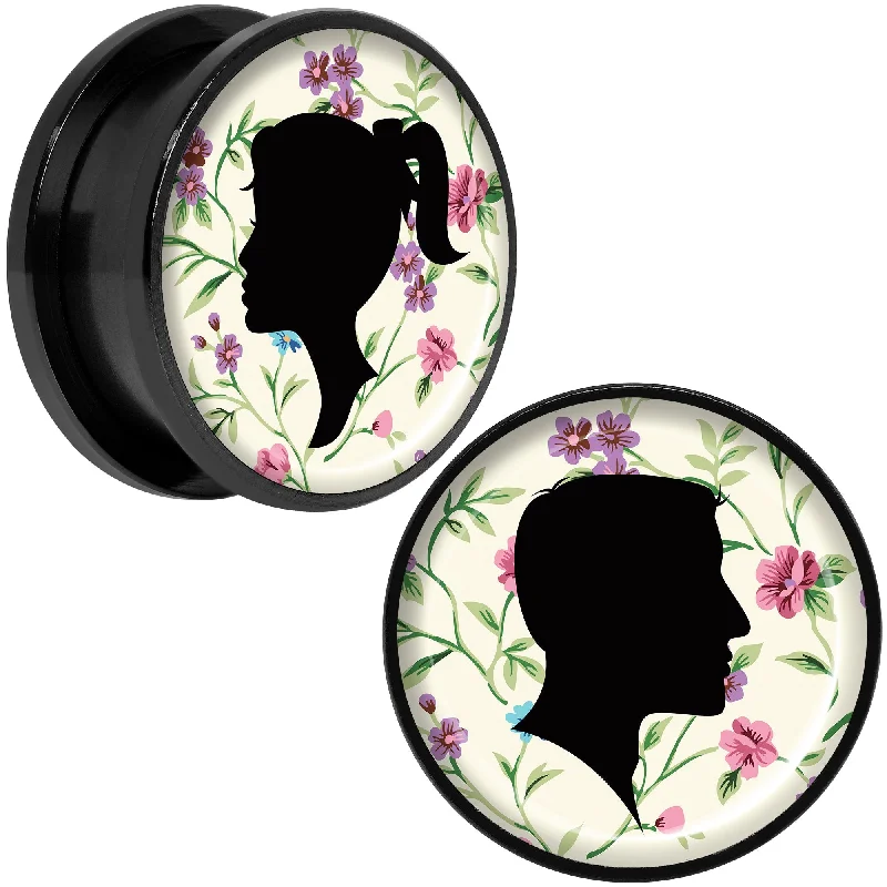 Women's Earrings – Elegant Designs for Every Personality--Man Woman Floral Silhouette Black Anodized Screw Fit Plug Set 20mm Women's Earrings – Elegant Designs for Every Personality--Man Woman Floral Silhouette Black Anodized Screw Fit Plug Set 20mm