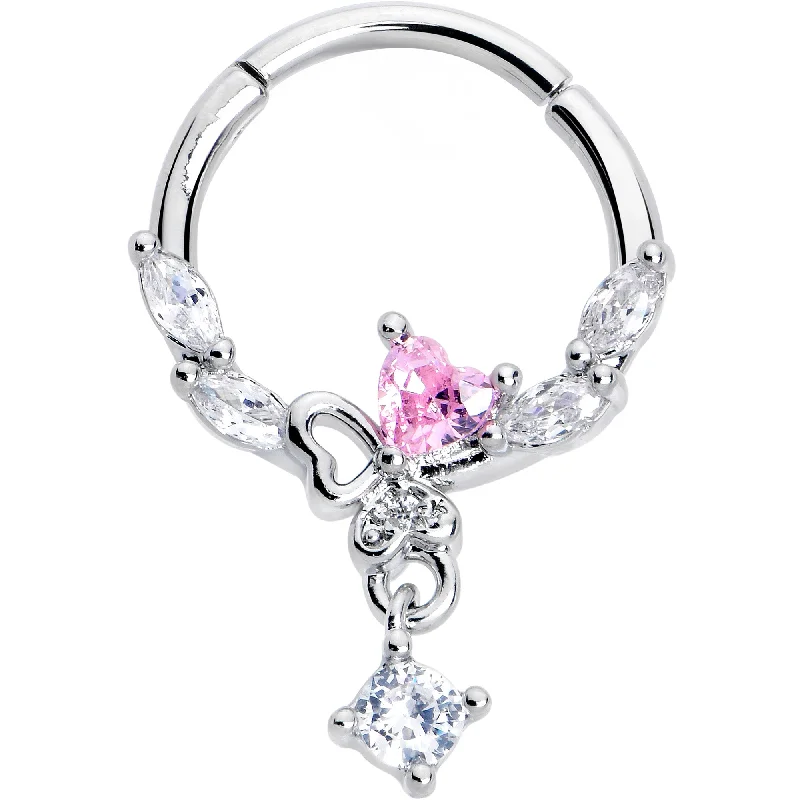 Nose Rings for Casual Wear -16 Gauge 3/8 Pink CZ Gem Butterfly Heart Dangle Hinged Segment Ring Nose Rings for Casual Wear -16 Gauge 3/8 Pink CZ Gem Butterfly Heart Dangle Hinged Segment Ring