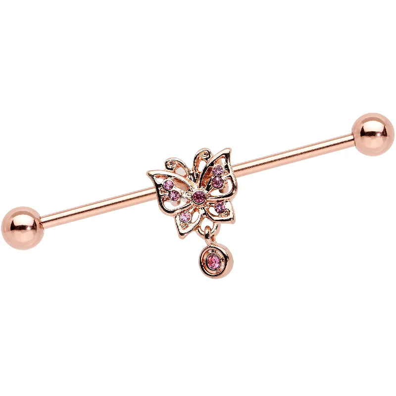Women's Earrings – Elegant Designs for Every Personality--14 Gauge Pink CZ Gem Rose Gold Tone Butterfly Industrial Barbell 38mm