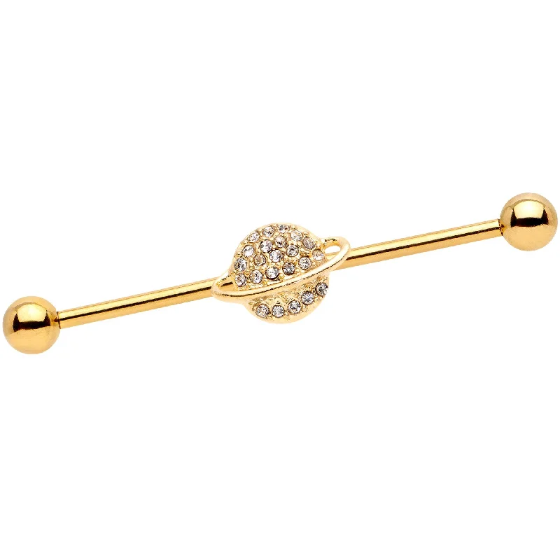Women's Earrings – Elegant Designs for Every Personality--14 Gauge Clear Gem Gold Tone Planet Saturn Industrial Barbell 38mm