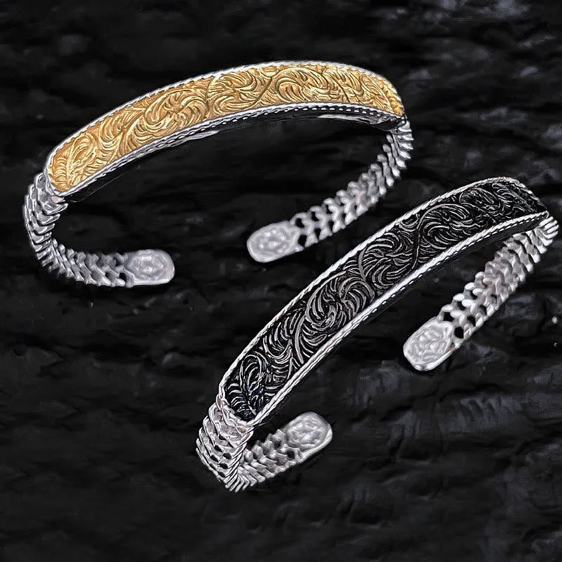 Men's Bracelets with Durable Materials-Buddha Stones Tang Dynasty Flower Design Engraved Copper Luck Cuff Bracelet Bangle Adjustable Ring Men's Bracelets with Durable Materials-Buddha Stones Tang Dynasty Flower Design Engraved Copper Luck Cuff Bracelet Bangle Adjustable Ring
