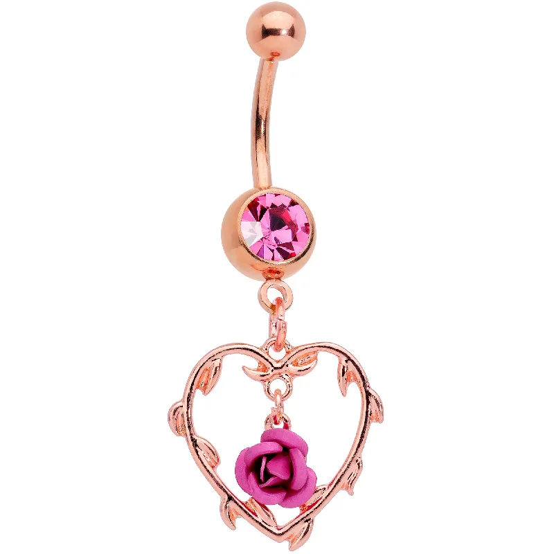 Unique Belly Rings with Creative Designs -Pink Gem Rose Gold Tone Rose Heart Valentines Day Dangle Belly Ring Unique Belly Rings with Creative Designs -Pink Gem Rose Gold Tone Rose Heart Valentines Day Dangle Belly Ring