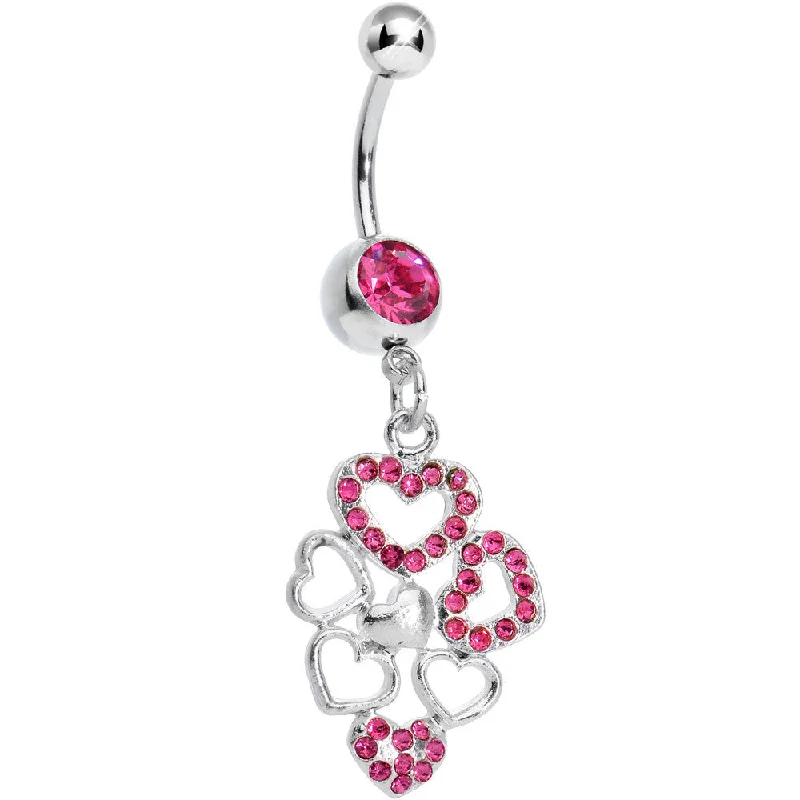 Sparkling Belly Rings for Chic Fashion -Pink Gem Clusters of Love Heart Dangle Belly Ring Sparkling Belly Rings for Chic Fashion -Pink Gem Clusters of Love Heart Dangle Belly Ring