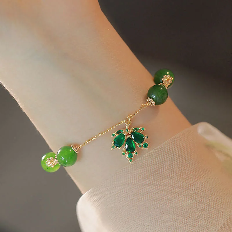 Unique Designs for Women's Bangles-Buddha Stones 14k Gold Plated Green Chalcedony Maple Leaf Courage Strength Bracelet Unique Designs for Women's Bangles-Buddha Stones 14k Gold Plated Green Chalcedony Maple Leaf Courage Strength Bracelet