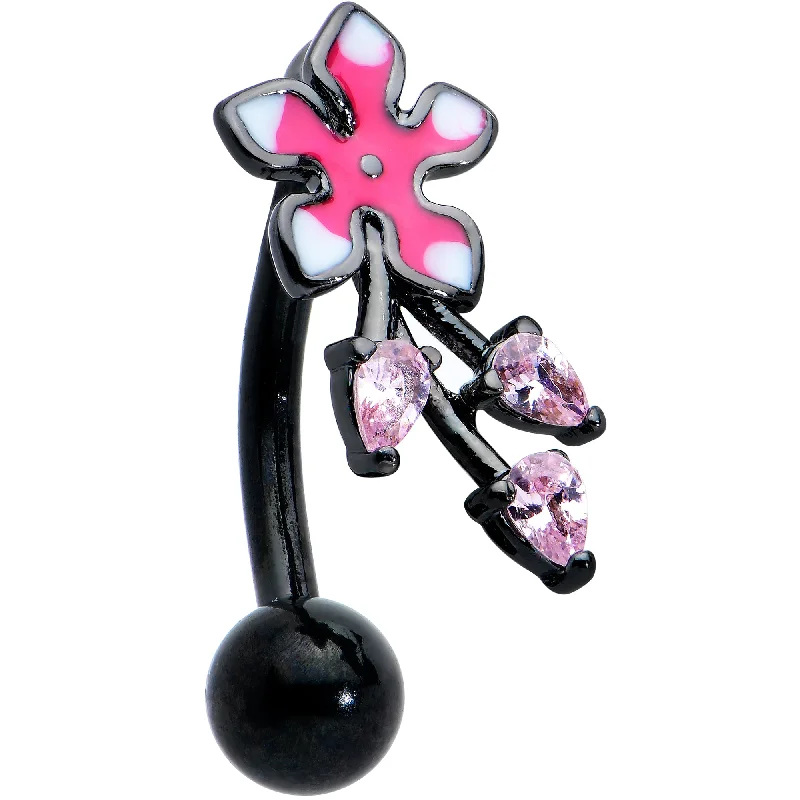 Classic Belly Rings for Elegant Style -Pink Gem Black Fanciful Flower Top Mount Belly Ring Classic Belly Rings for Elegant Style -Pink Gem Black Fanciful Flower Top Mount Belly Ring