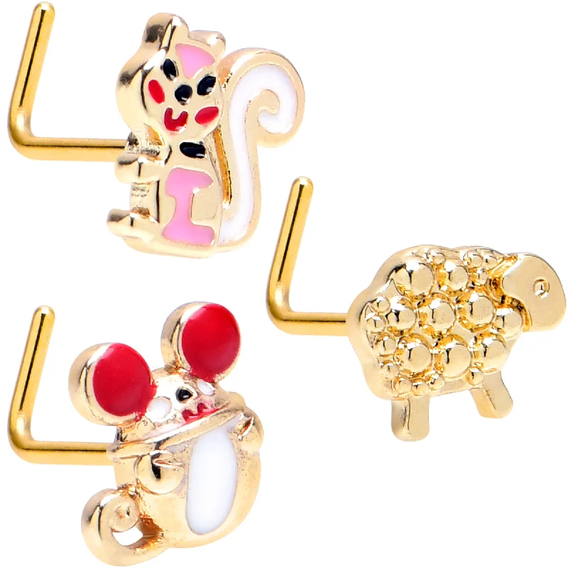 Hoop Nose Rings -20 Gauge 7mm Gold Tone Pretty Critters L Shape Nose Ring Set of 3
