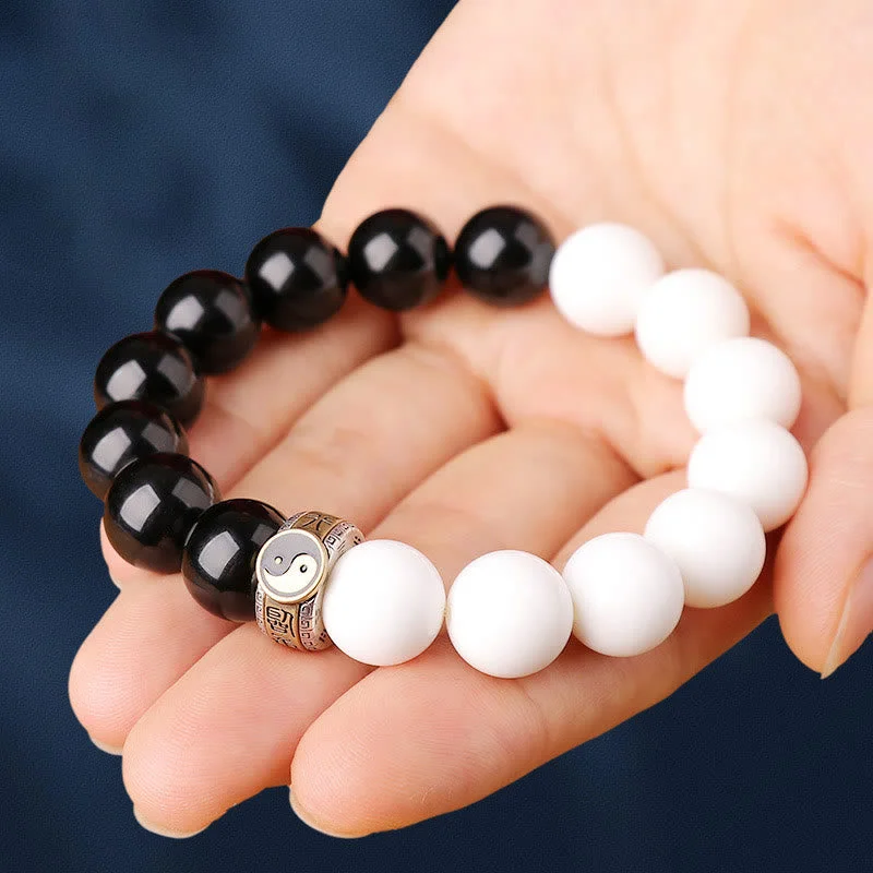 Engraved Personalized Cuff Bracelets for Men-Buddha Stones 925 Sterling Silver Black Obsidian White Shell Yin Yang Strength Bracelet Engraved Personalized Cuff Bracelets for Men-Buddha Stones 925 Sterling Silver Black Obsidian White Shell Yin Yang Strength Bracelet