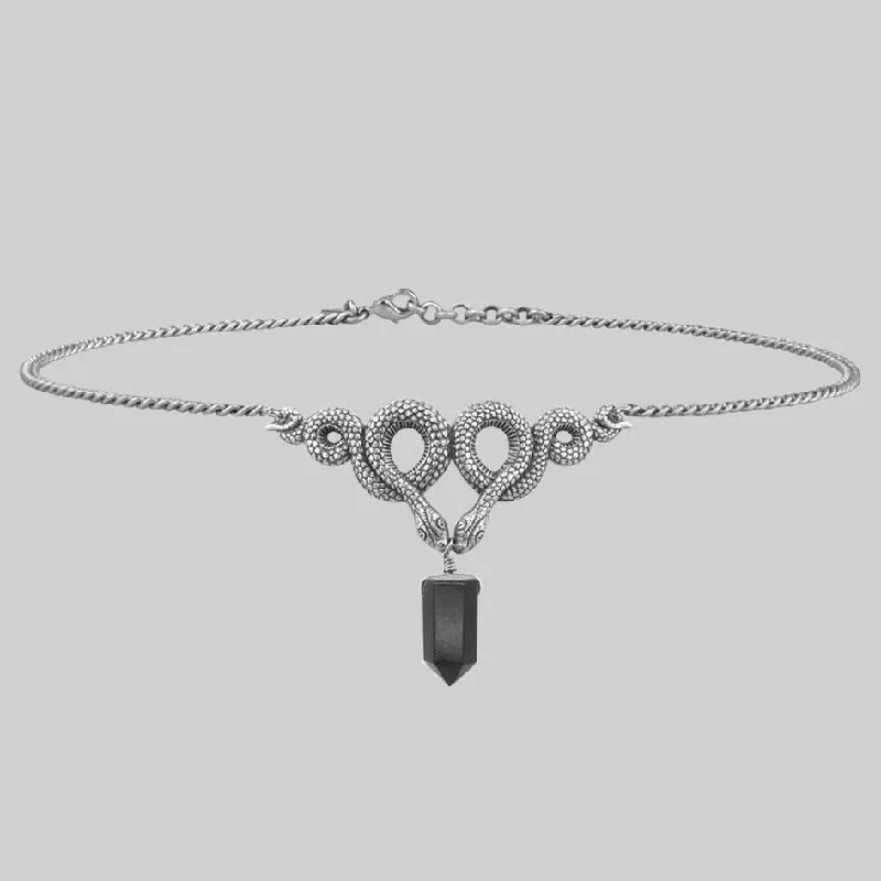 Shop Classic Women's Necklaces & Pendants with a Modern Twist-A DARK LURE. Snake & Black Agate Gemstone Chain Choker Shop Classic Women's Necklaces & Pendants with a Modern Twist-A DARK LURE. Snake & Black Agate Gemstone Chain Choker