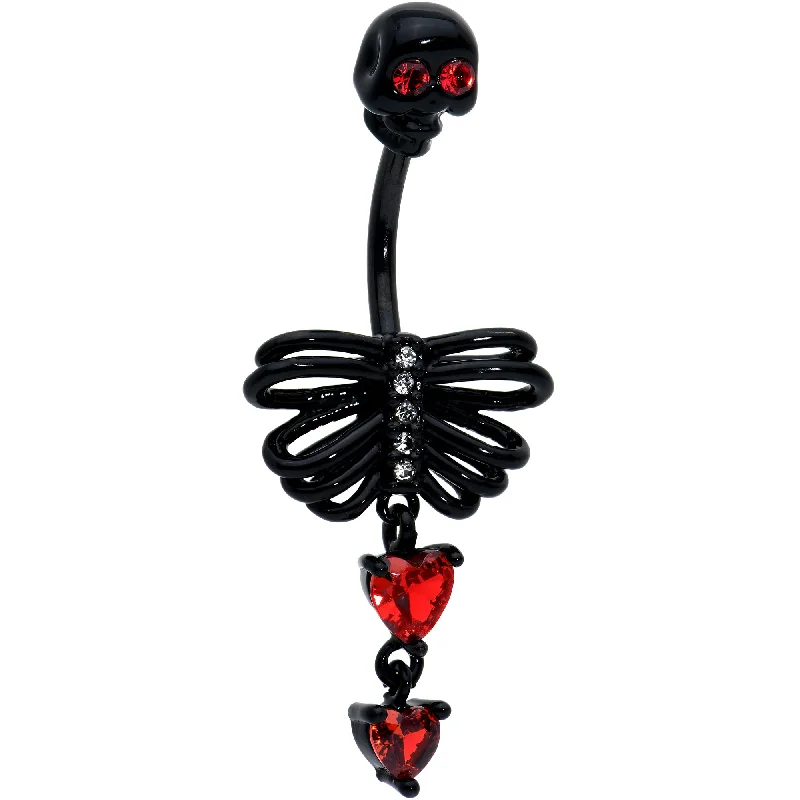 Stylish Belly Rings for Bold Fashion Choices -Red CZ Gem Black Skeleton Hearts Gothic Dangle Belly Ring Stylish Belly Rings for Bold Fashion Choices -Red CZ Gem Black Skeleton Hearts Gothic Dangle Belly Ring