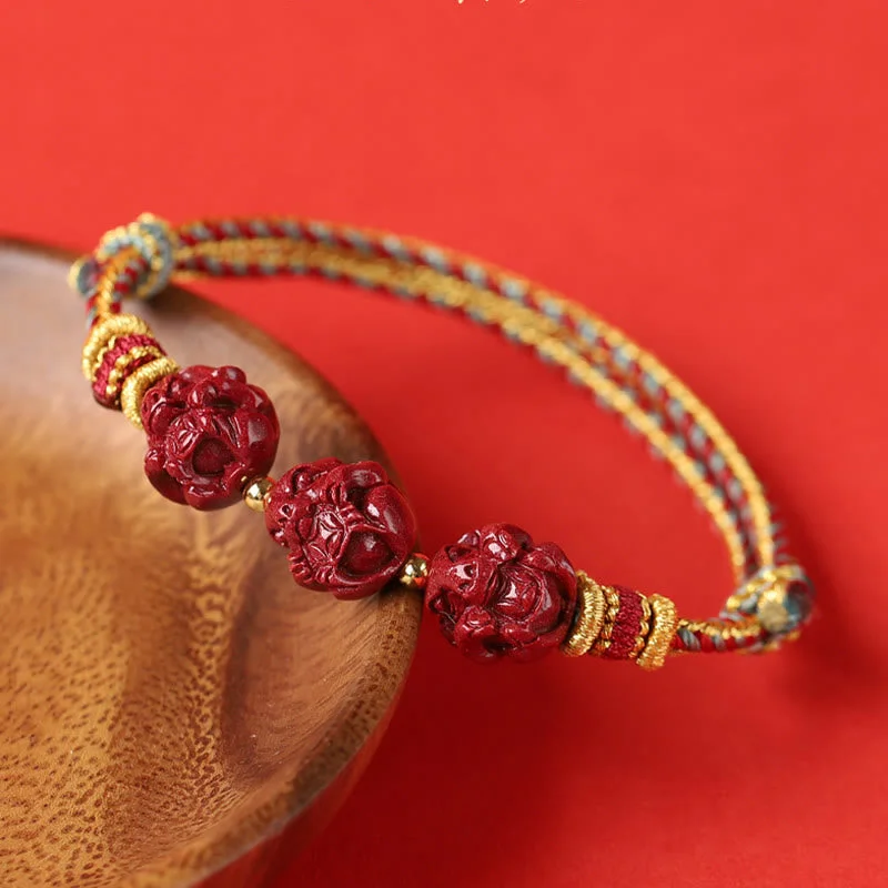 Round Bangles for Women-Buddha Stones Handmade Red String Cinnabar Chinese Zodiac Braided Blessing Bracelet