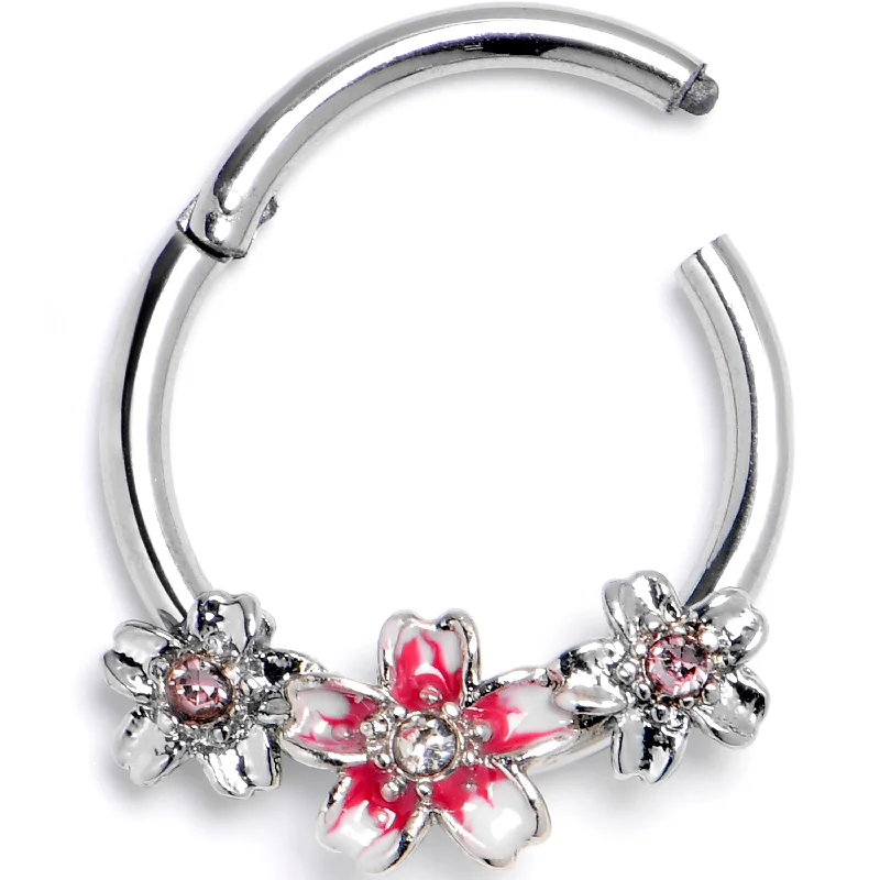 Large Nose Rings for Bold Looks -16 Gauge 3/8 Pink Clear Gem Perfect Flowers Hinged Segment Ring Large Nose Rings for Bold Looks -16 Gauge 3/8 Pink Clear Gem Perfect Flowers Hinged Segment Ring