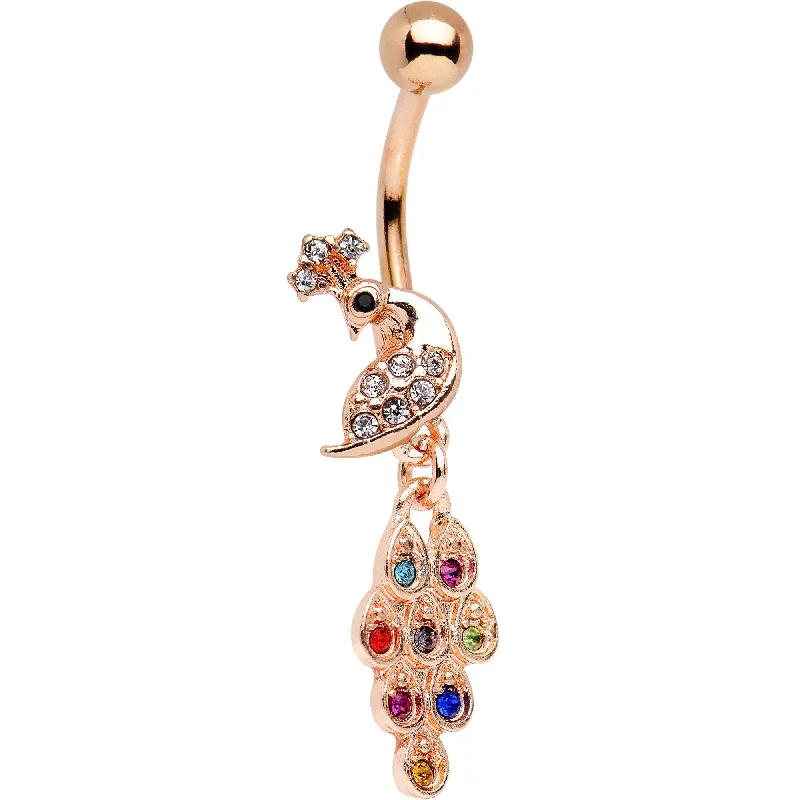 Trendy Belly Rings for Bold Fashionistas -Clear Multi Gem Rose Gold PVD Perfect Peacock Dangle Belly Ring Trendy Belly Rings for Bold Fashionistas -Clear Multi Gem Rose Gold PVD Perfect Peacock Dangle Belly Ring