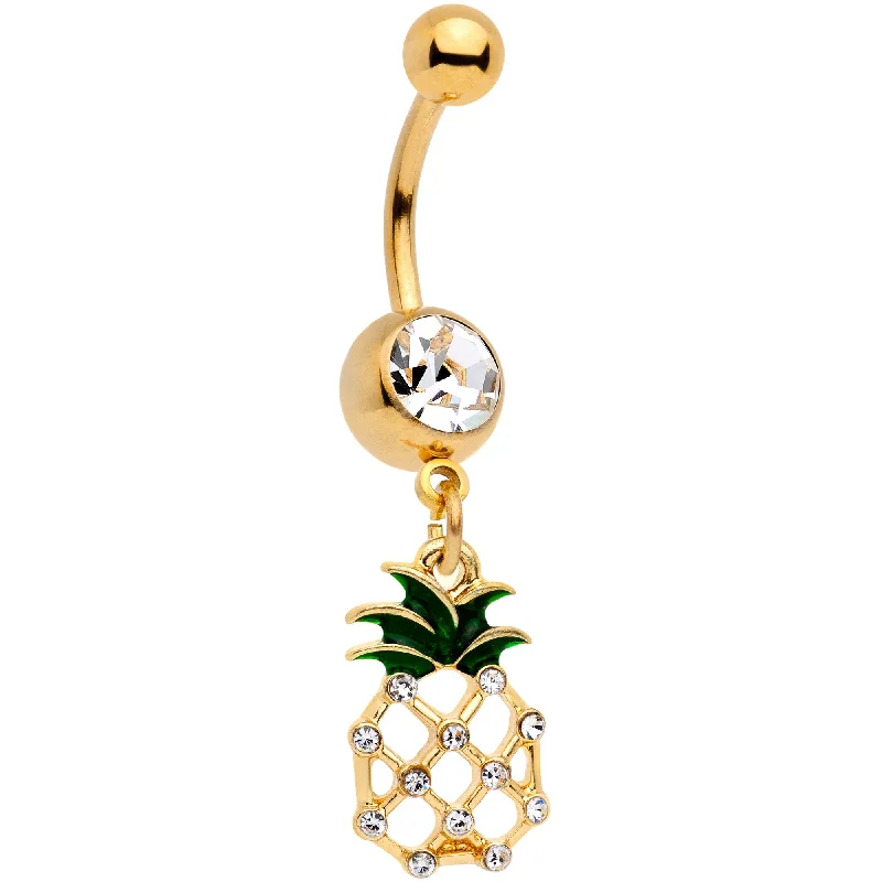 Designer Belly Rings for Unique Shine -Clear Gem Gold Tone Tropical Treat Pineapple Dangle Belly Ring Designer Belly Rings for Unique Shine -Clear Gem Gold Tone Tropical Treat Pineapple Dangle Belly Ring