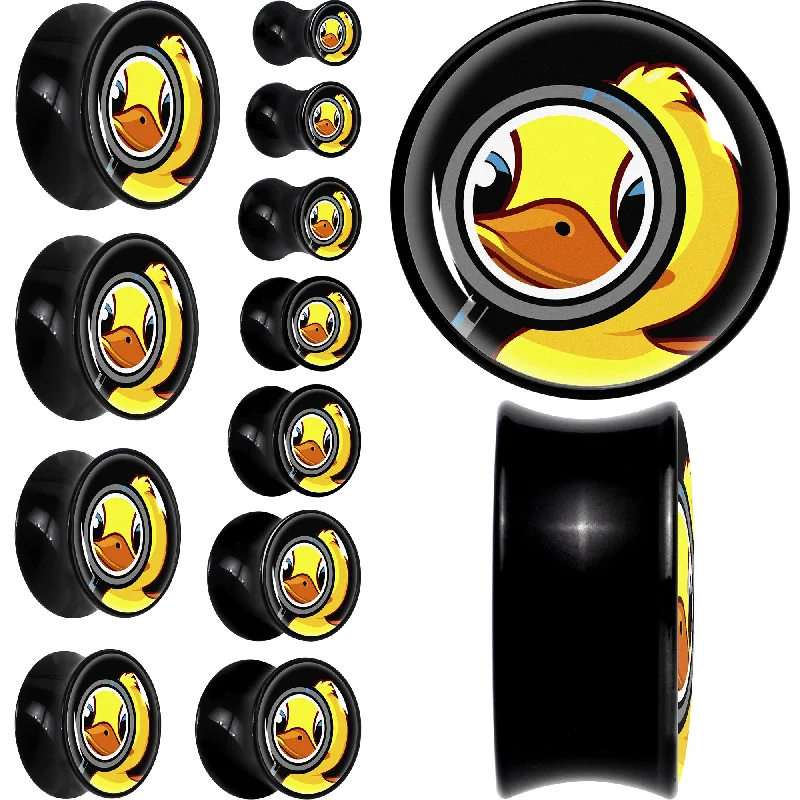 Women's Earrings – Elegant Designs for Every Personality--Magnified Yellow Duck Black Acrylic Saddle Plug Set 8mm to 20mm