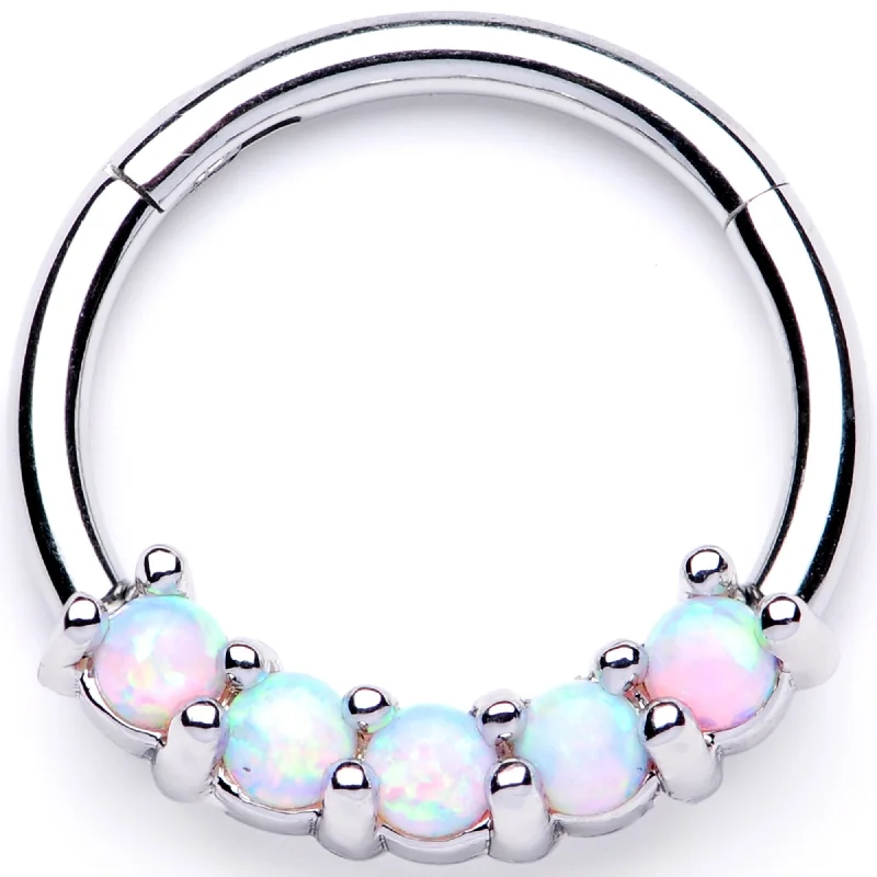 Nose Rings for Everyday Look -16 Gauge 3/8 White Synthetic Opal Crest Hinged Segment Ring
