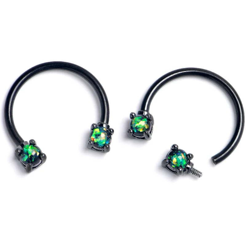 Women's Earrings – Elegant Designs for Every Personality--16 Gauge 3/8 Green Faux Opal Black Internally Threaded Horseshoe Set