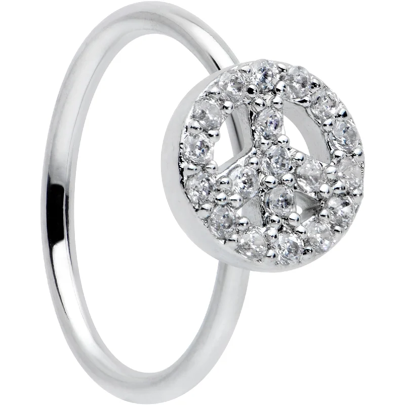 Easy-Fit Nose Rings -20 Gauge 5/16 Clear Gem Seamless Retro Peace Sign Nose Hoop