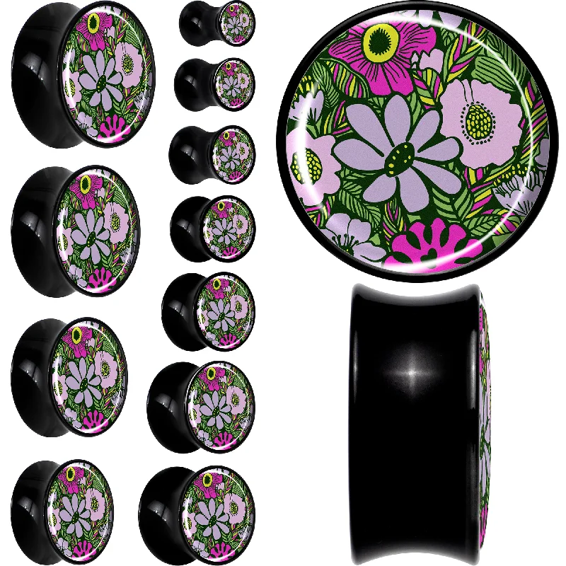 Women's Earrings – Elegant Designs for Every Personality--Blossom Creation Paradise of Pink Flowers Black Acrylic Saddle Plug Set