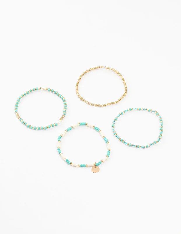Adjustable Crystal Bangles for Women-Gold Pearl, Beaded & Disc Bracelets 4-Pack