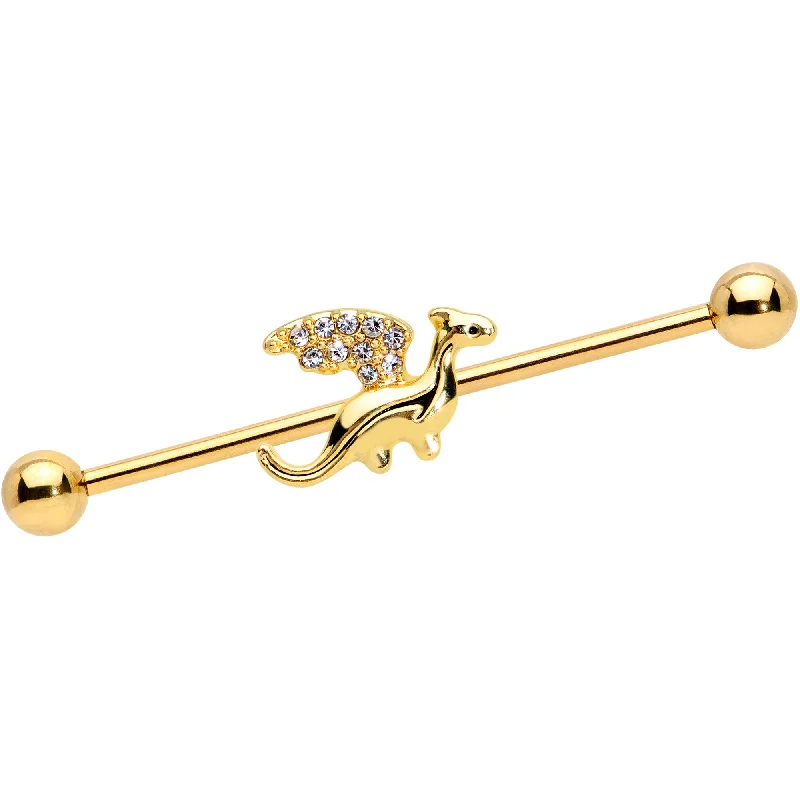 Women's Earrings – Elegant Designs for Every Personality--14 Gauge Clear Gem Gold Tone Dragon Industrial Barbell 38mm