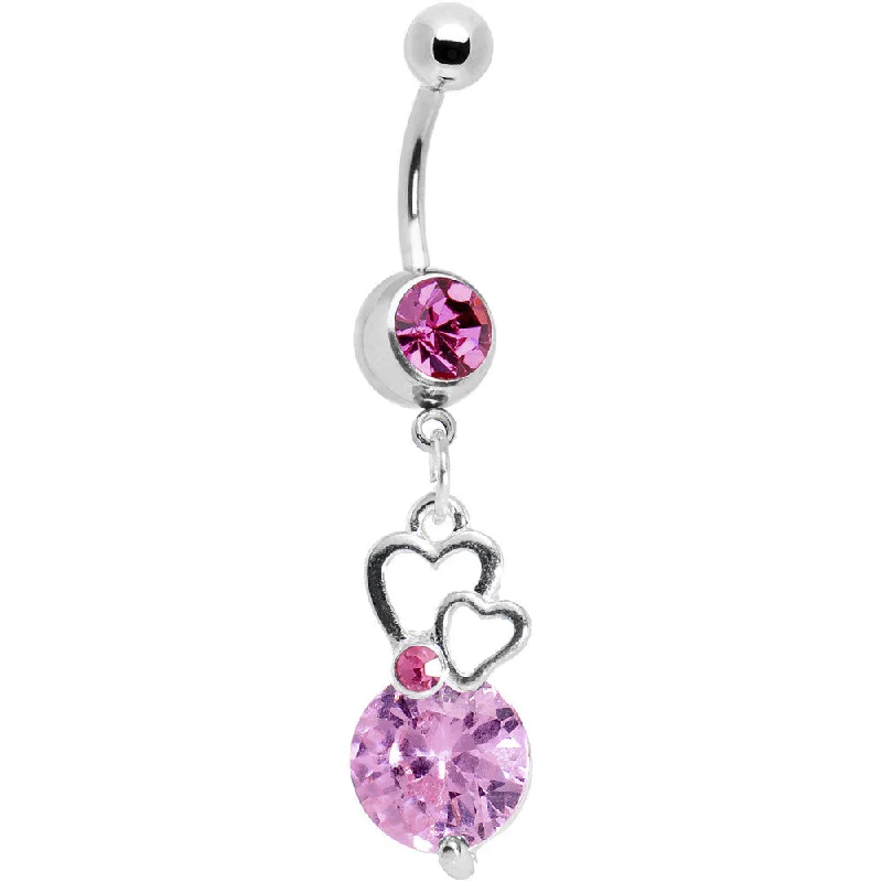 Trendy Belly Rings for Statement Fashion -Pink Gem Pool of Hearts Dangle Belly Ring