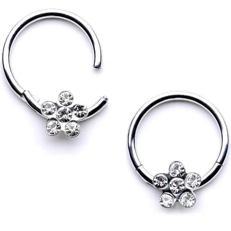 Sparkling Lip Rings with Precious Stones16 Gauge 3/8 Clear Gem Petal Flower Hinged Segment Ring Set