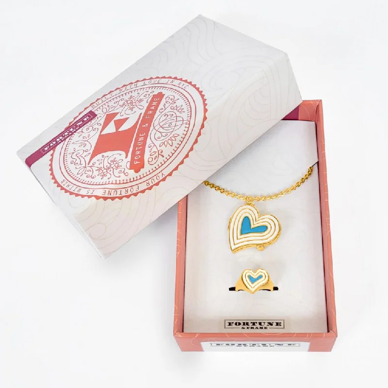 Chic Women's Rings for Fashion-Forward Looks-Deco Heart Locket & Signet Ring Gift Set (Ivory & Turquoise) - Gold
