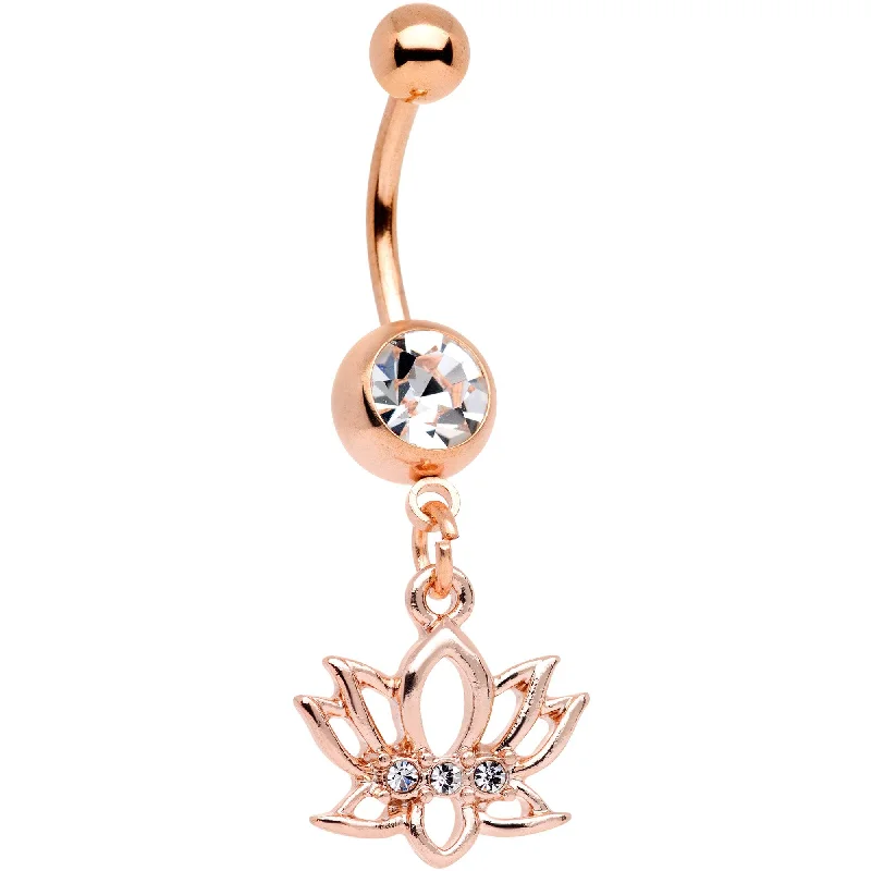 Comfortable Belly Rings for Active Lifestyles -Clear Gem Rose Gold Tone Live Love Lotus Flower Dangle Belly Ring Comfortable Belly Rings for Active Lifestyles -Clear Gem Rose Gold Tone Live Love Lotus Flower Dangle Belly Ring