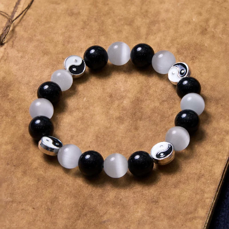 Classic Round Bangles for Women-Buddha Stones Black Obsidian Cat's Eye Yin Yang Purification Strength Bracelet Classic Round Bangles for Women-Buddha Stones Black Obsidian Cat's Eye Yin Yang Purification Strength Bracelet