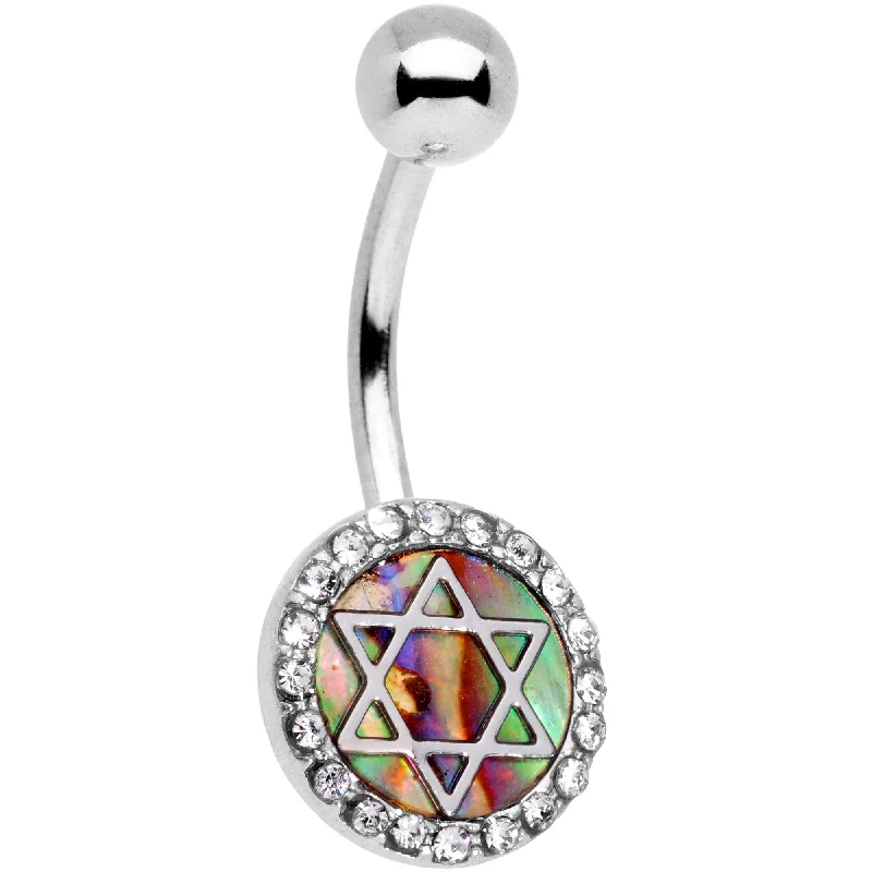 Comfortable Belly Rings for Daily Wear -Clear Gem Iridescent Inlay Star of David Belly Ring Comfortable Belly Rings for Daily Wear -Clear Gem Iridescent Inlay Star of David Belly Ring