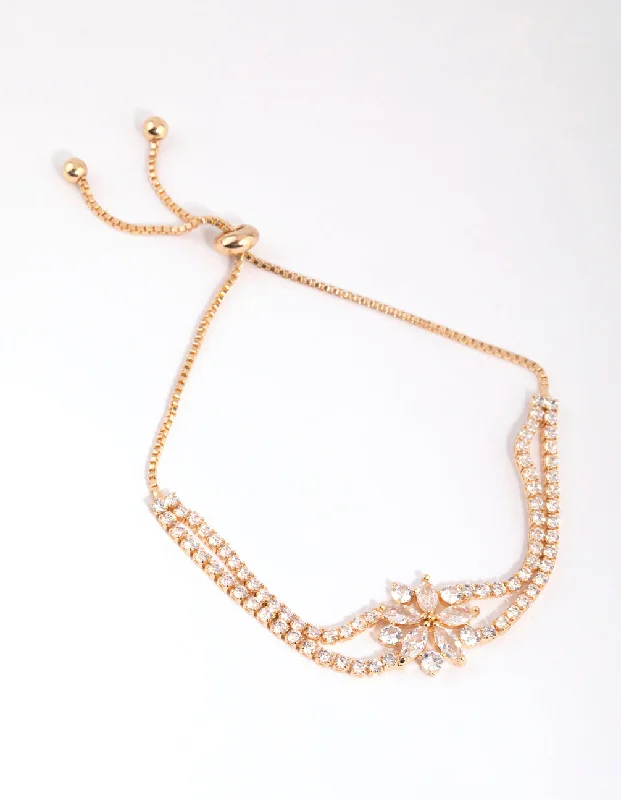 Contemporary Bracelets and Bangles for Women-Gold Cubic Zirconia Cupchain Flower Toggle Bracelet