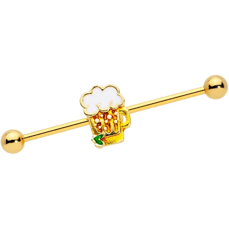 Women's Earrings – Elegant Designs for Every Personality--14 Gauge Gold Tone St Patricks Day Beer Mug Industrial Barbell 38mm
