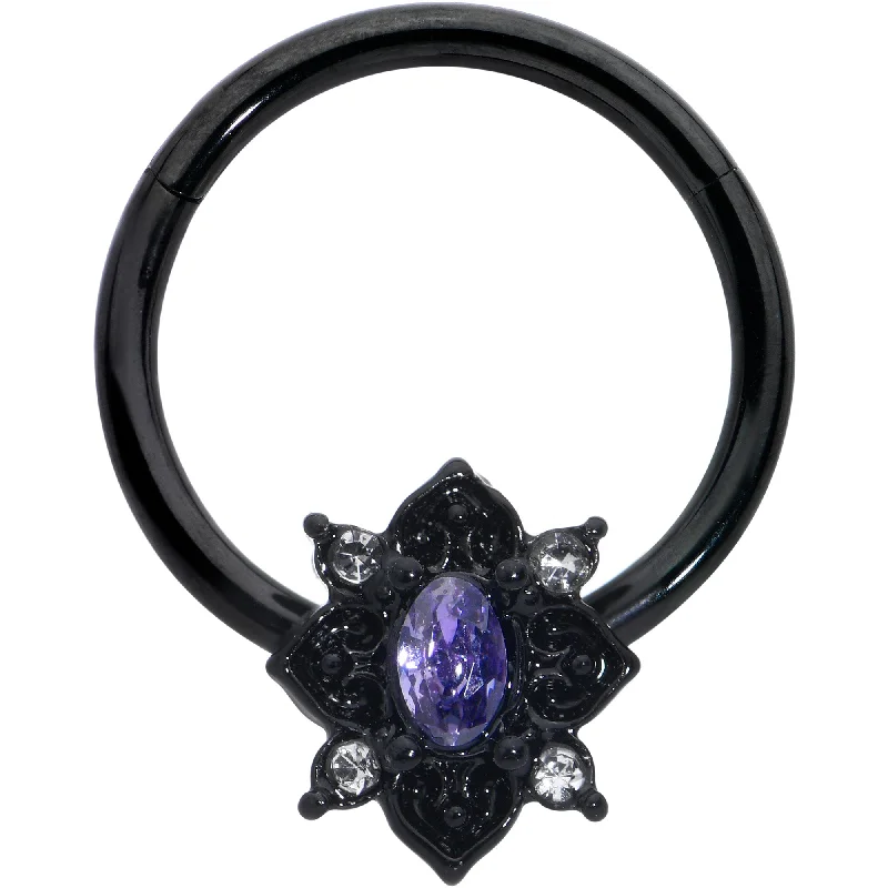 Nose Rings for Men -16 Gauge 3/8 Purple Gem Black Scrolling Hearts Hinged Segment Ring Nose Rings for Men -16 Gauge 3/8 Purple Gem Black Scrolling Hearts Hinged Segment Ring