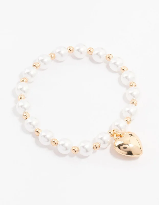 Adjustable Cuff Bangles with Crystals for Women-Beaded Pearl Puff Heart Bracelet