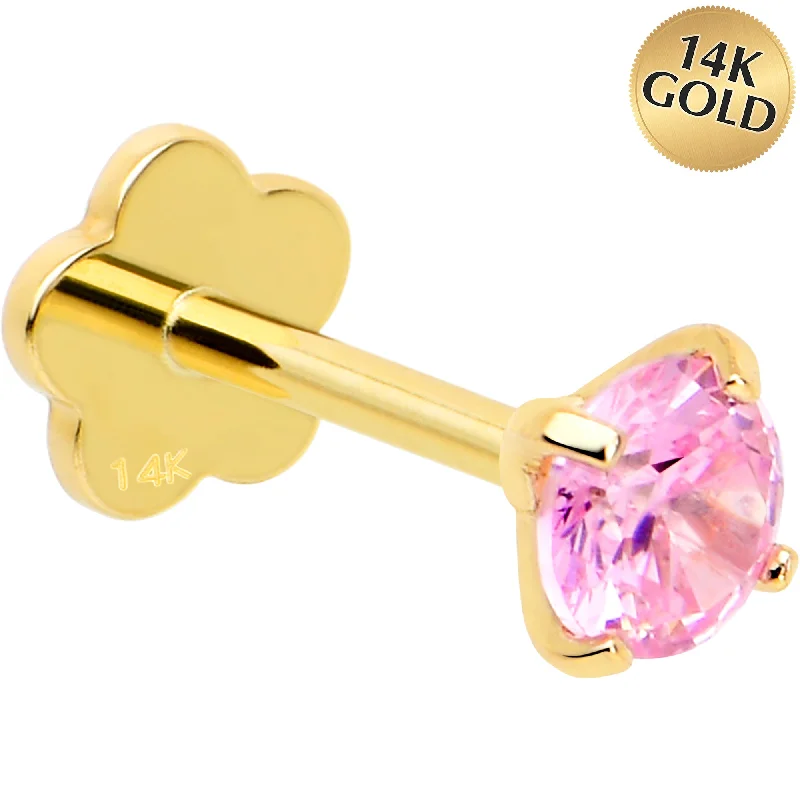 Trendy Lip Rings with Elegant Stones14k Yellow Gold Flat Back Earring 20 gauge 4mm Pink CZ Floral Reversible