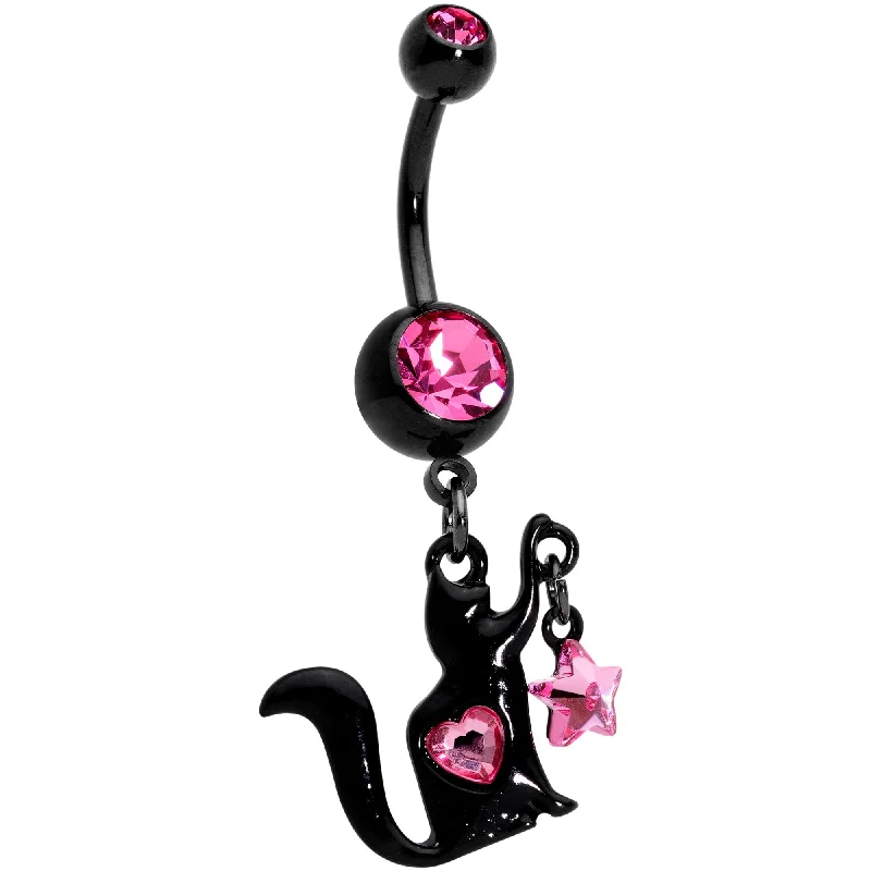 Belly Rings with Stone Detailing for Bold Looks -Pink Gem Black Plated Kitty Cat Loves Stars Dangle Belly Ring